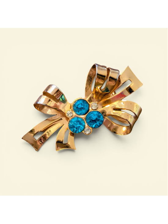 Coro Jewelry - Vintage Coro Blue Rhinestone Bow Brooch Gold Tone Mid Century Ribbon Pin